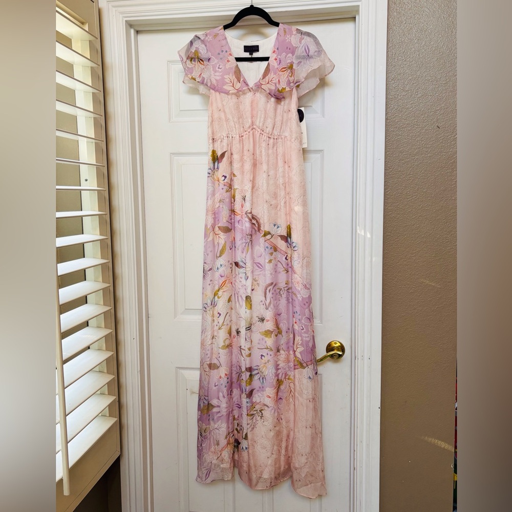 Hale Bob Csilla Rare Lavernder Silk Floral Maxi Dress
